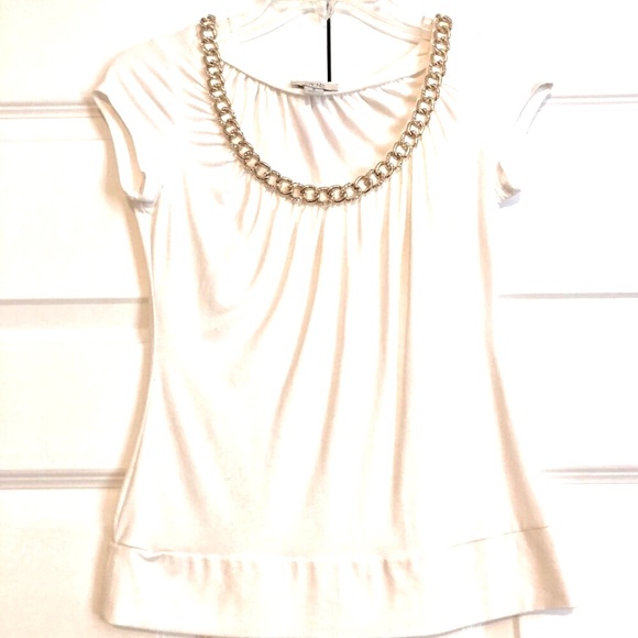 Cache Tops - CACHE Y2K Ivory Cap Sleeve Ruched Knit Top Rhinestone Gold Chain Neckline S